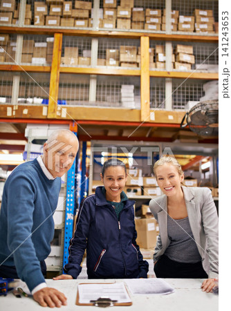 Business people, management and portrait of team in warehouse with check up, quality control and inspection. Inspector, women and man for supply chain, logistics career and collaboration in factory Business people, management and portrait of team in warehouse with check up, quality control and inspection. Inspector, women and man for supply chain, logistics career and collaboration in factory 141243653