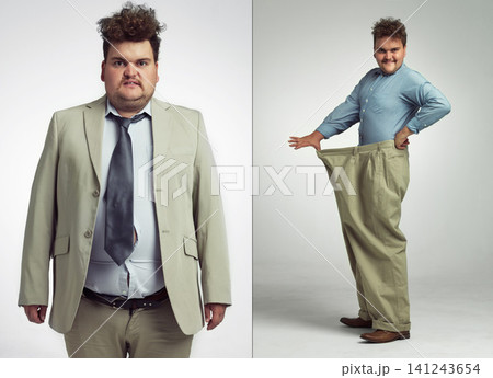 Collage, weight loss and progress of man for transformation, diet and detox with white background. Wellness, stomach and male person for before after in fitness, workout and exercise in studio Collage, weight loss and progress of man for transformation, diet and detox with white background. Wellness, stomach and male person for before after in fitness, workout and exercise in studio 141243654
