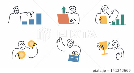 Business Success. Cartoon Doodle line character set with people pointing at growth charts, exchanging coins and holding a trophy, illustrating business success. Business Success. Cartoon Doodle line character set with people pointing at growth charts, exchanging coins and holding a trophy, illustrating business success. 141243669