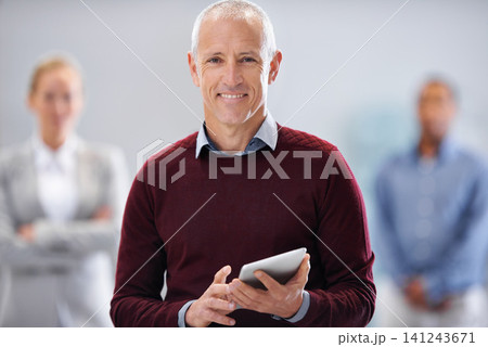 Happy, tablet or senior businessman portrait at warehouse with quality control team for stock, cargo or inspection. Ecommerce, supply chain or factory manager with logistic app, procurement or search Happy, tablet or senior businessman portrait at warehouse with quality control team for stock, cargo or inspection. Ecommerce, supply chain or factory manager with logistic app, procurement or search 141243671