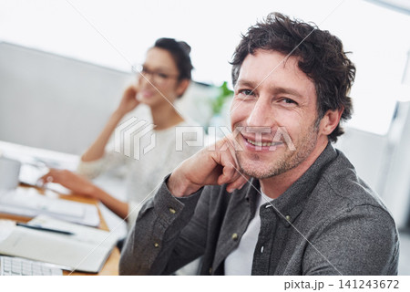 Happy, coworking and portrait of man in office with teamwork on creative project in Portugal company. Excited, employee and person with smile for productivity on collaboration or cooperation in work 141243672
