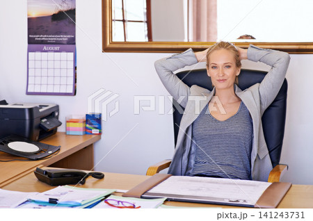 Happy woman, portrait and accountant with relax at office for documents, done or finished in finance at workplace. Female person with smile on break for accounting, financial paperwork or completion Happy woman, portrait and accountant with relax at office for documents, done or finished in finance at workplace. Female person with smile on break for accounting, financial paperwork or completion 141243731