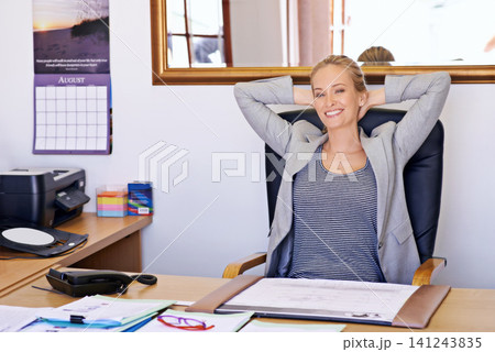 Business woman, desk and relax portrait in a office with database administrator and contract work at company. Startup, happy and smile from a professional with paperwork and entrepreneur on job break Business woman, desk and relax portrait in a office with database administrator and contract work at company. Startup, happy and smile from a professional with paperwork and entrepreneur on job break 141243835