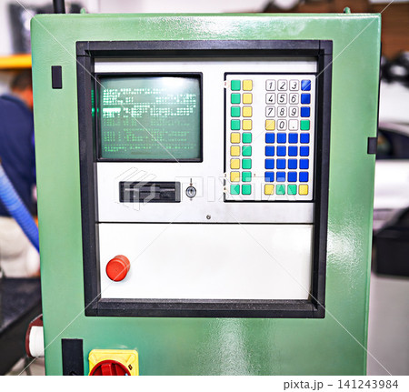 Equipment, factory and machine with closeup, technology and manufacturing industry maintenance. Professional tech, screen and system with control panel, repair and monitor with electronic engineering 141243984