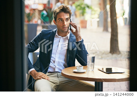 Man, phone call or thinking of business, question or planning of tech communication at outdoor cafe. Businessman, mobile or coffee shop to discuss, vision or idea of dream software startup company Man, phone call or thinking of business, question or planning of tech communication at outdoor cafe. Businessman, mobile or coffee shop to discuss, vision or idea of dream software startup company 141244000