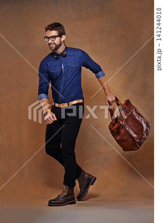 Fashion, bag and man in studio walking on background and mockup with briefcase for business vacation. Formal, style and luxury luggage for airport, journey to Italy or leather shoes with clothes Fashion, bag and man in studio walking on background and mockup with briefcase for business vacation. Formal, style and luxury luggage for airport, journey to Italy or leather shoes with clothes 141244018