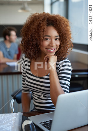 Portrait, smile and black woman with laptop in office, workspace and confident in creative career. Female person, internship and journalist for magazine, newspaper or online publication happy for job Portrait, smile and black woman with laptop in office, workspace and confident in creative career. Female person, internship and journalist for magazine, newspaper or online publication happy for job 141244021