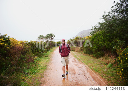 Hiking, man and walk outdoor for travel, backpack and nature for fresh air and fitness on path for trip. Trekking, mountain trail and rough terrain for adventure, journey and exercise in environment Hiking, man and walk outdoor for travel, backpack and nature for fresh air and fitness on path for trip. Trekking, mountain trail and rough terrain for adventure, journey and exercise in environment 141244118