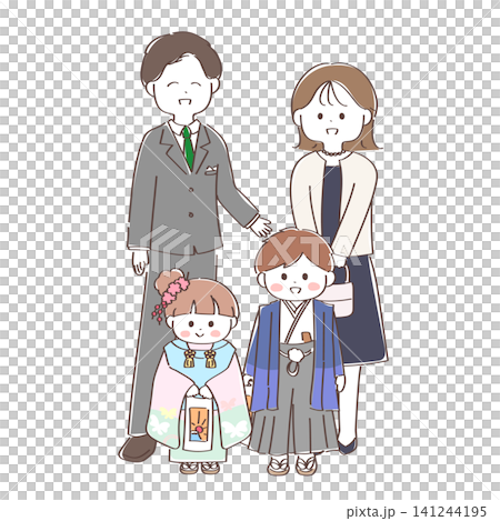 An illustration of a Japanese family of four visiting a shrine for the Shichi-Go-San festival. An illustration of a Japanese family of four visiting a shrine for the Shichi-Go-San festival. 141244195