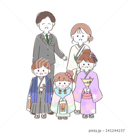 七五三の記念撮影をする五人家族のかわいい手書きイラスト 七五三の記念撮影をする五人家族のかわいい手書きイラスト 141244237