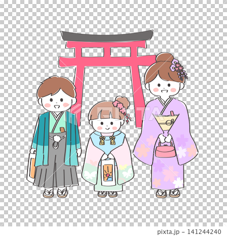 手繪插圖,描繪了三個可愛的兄弟姐妹慶祝七五三節(日本兒童的傳統成年禮)。 手繪插圖,描繪了三個可愛的兄弟姐妹慶祝七五三節(日本兒童的傳統成年禮)。 141244240