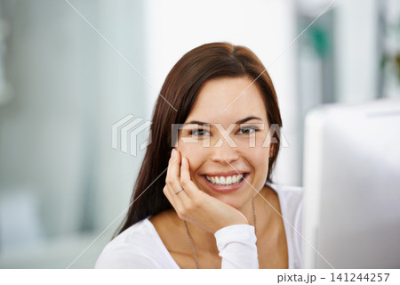 Graphic designer, portrait and computer in office with smile, visual content and ideas for company, agency and clients. Businesswoman, happy and tech in workplace for career, business and job Graphic designer, portrait and computer in office with smile, visual content and ideas for company, agency and clients. Businesswoman, happy and tech in workplace for career, business and job 141244257