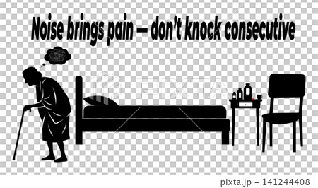 Elderly woman with walking cane feels terrible headache and stress from loud continuous knocking on door Elderly woman with walking cane feels terrible headache and stress from loud continuous knocking on door 141244408