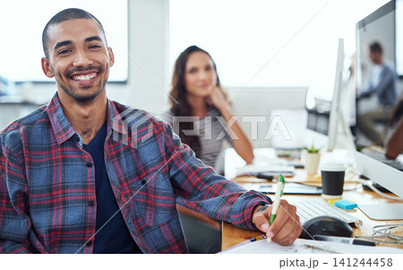 Happy, coworking and portrait of man in office with people for creative project in Brazil company. Excited, employee and person smile for collaboration with productivity or planning teamwork in notes Happy, coworking and portrait of man in office with people for creative project in Brazil company. Excited, employee and person smile for collaboration with productivity or planning teamwork in notes 141244458