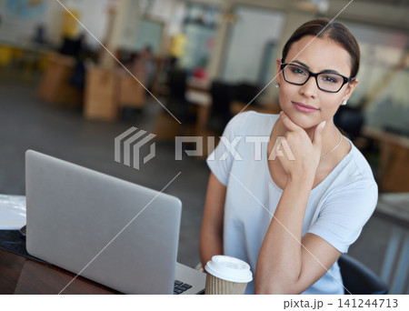 Woman, office and laptop with idea, thinking and professional startup for creative agency. Entrepreneur, technology and business with portrait, web design and online connectivity for career or job Woman, office and laptop with idea, thinking and professional startup for creative agency. Entrepreneur, technology and business with portrait, web design and online connectivity for career or job 141244713