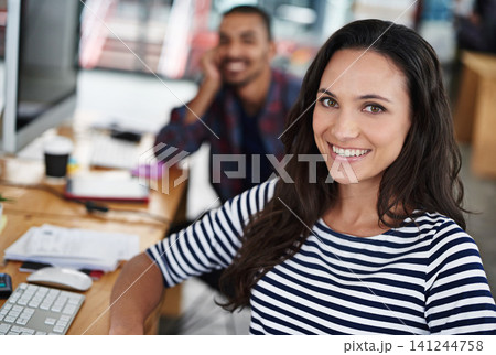 Portrait, smile and business woman in office, workplace and company for startup job, career and female person coworking. Face, professional and happy entrepreneur, employee or creative editor at desk Portrait, smile and business woman in office, workplace and company for startup job, career and female person coworking. Face, professional and happy entrepreneur, employee or creative editor at desk 141244758