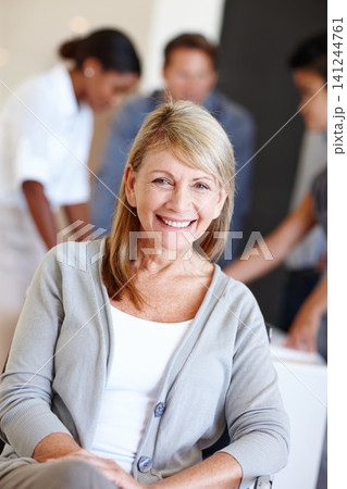 Portrait, business and senior woman with leader, smile and startup with management and confident lady. Face, group and person with professional and leadership with happy employee in a modern office Portrait, business and senior woman with leader, smile and startup with management and confident lady. Face, group and person with professional and leadership with happy employee in a modern office 141244761