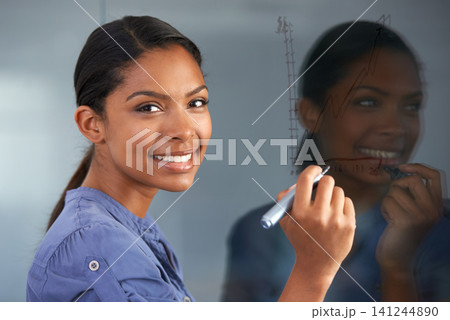 Business, woman and portrait with writing on glass for growth, graph and financial planning in office. Black person, entrepreneur or face with smile for diagram, creative or illustration at workplace 141244890