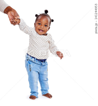 Baby, walking and hand in studio for help, support and balance with mockup space. Child, learning and coordination or motor skills development for steps in white background, infant care and love 141244953