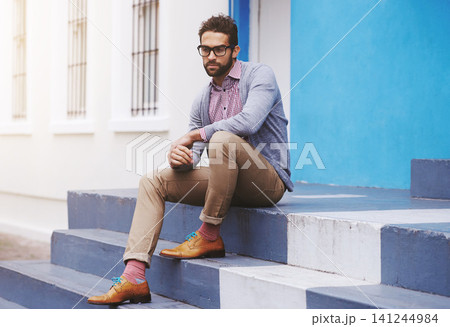 Man, fashion and relax in city with glasses, frame for style and confident in chic outfit. Urban, unique and trendy designer clothes, spectacles for accessory and apparel with model thinking outdoor Man, fashion and relax in city with glasses, frame for style and confident in chic outfit. Urban, unique and trendy designer clothes, spectacles for accessory and apparel with model thinking outdoor 141244984