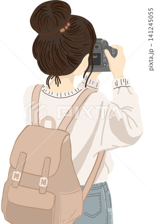 Charming illustration of a young woman photographer capturing moments with a digital camera while carrying a stylish backpack. 141245055