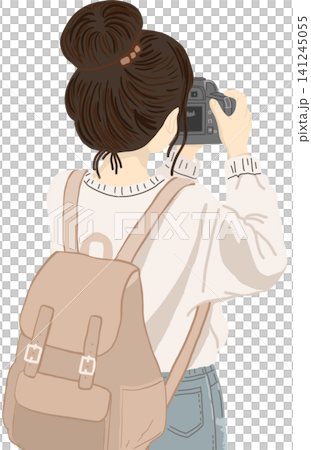 Charming illustration of a young woman photographer capturing moments with a digital camera while carrying a stylish backpack. 141245055