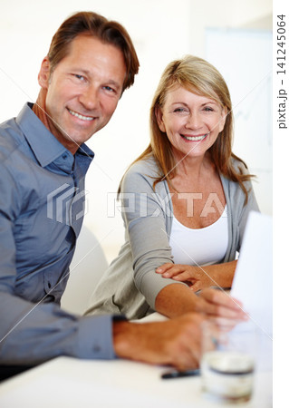 Man, woman and portrait for business, paperwork and office with workplace, document and smile at work. Businesspeople, happy and working in management, corporate and meeting for review or teamwork Man, woman and portrait for business, paperwork and office with workplace, document and smile at work. Businesspeople, happy and working in management, corporate and meeting for review or teamwork 141245064