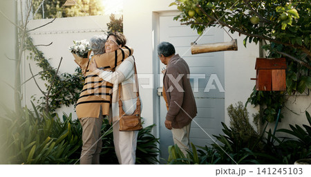 Happy family, open door and hug with flowers outdoor of home in backyard with daughter and parents with love. Reunion, welcome and woman with mom and dad, travel and surprise for holiday with embrace Happy family, open door and hug with flowers outdoor of home in backyard with daughter and parents with love. Reunion, welcome and woman with mom and dad, travel and surprise for holiday with embrace 141245103