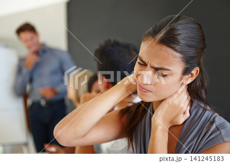 Meeting, employee and woman with stress, neck pain and overworked with a deadline or burnout in a modern office. People, business or financial consultant with a headache or medical issue with anxiety Meeting, employee and woman with stress, neck pain and overworked with a deadline or burnout in a modern office. People, business or financial consultant with a headache or medical issue with anxiety 141245183