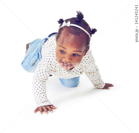 Baby, girl or laugh by crawling, play or thinking of learning, growth on mock up on white background. Black toddler, crawl or step to imagine, explore or motor skill development on mobility milestone Baby, girl or laugh by crawling, play or thinking of learning, growth on mock up on white background. Black toddler, crawl or step to imagine, explore or motor skill development on mobility milestone 141245241