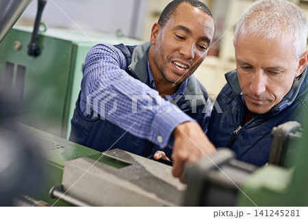 Factory, machine and coworkers in service discussion, maintenance for industrial safety and diversity employee together. Mechanical engineering, production monitoring system or warehouse inspection 141245281