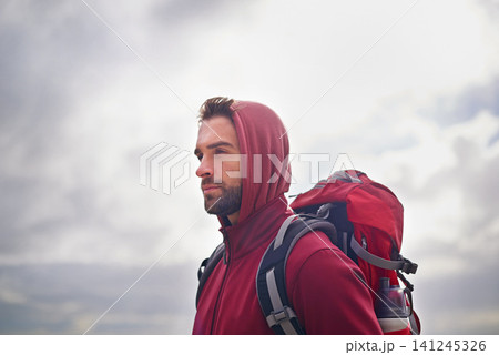 Outdoor, sky and man with backpack, bottle and nature for adventure, peace and travel. Contemplation, thinking and male person in vacation, thoughtful and journey for holiday, trip and break Outdoor, sky and man with backpack, bottle and nature for adventure, peace and travel. Contemplation, thinking and male person in vacation, thoughtful and journey for holiday, trip and break 141245326