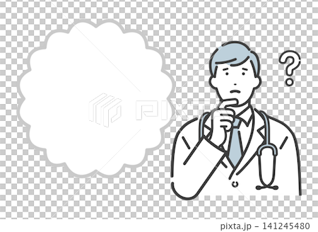 A young male doctor thinking, with a blank speech bubble. (Copy space) A young male doctor thinking, with a blank speech bubble. (Copy space) 141245480