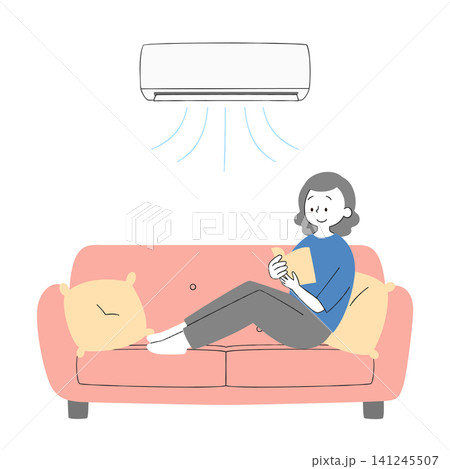 エアコンのきいた部屋で快適に過ごす女性の手描き風ベクターイラスト エアコンのきいた部屋で快適に過ごす女性の手描き風ベクターイラスト 141245507