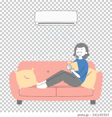 手繪向量插圖,描繪了一位女士舒適地在空調房間放鬆休息的場景。 手繪向量插圖,描繪了一位女士舒適地在空調房間放鬆休息的場景。 141245507