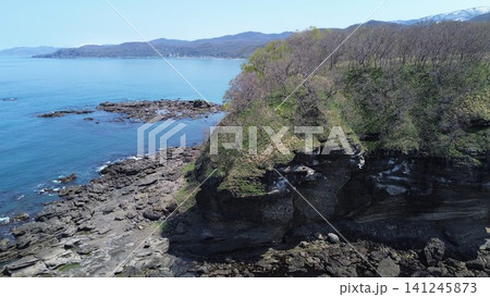 北海道島牧村 千走川河口と透明度の高い日本海を上空から望むドローン空撮 北海道島牧村 千走川河口と透明度の高い日本海を上空から望むドローン空撮 141245873