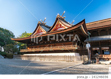 岡山県岡山市 青空に映える国宝・吉備津神社本殿の美しい比翼入母屋造(吉備津造) 岡山県岡山市 青空に映える国宝・吉備津神社本殿の美しい比翼入母屋造(吉備津造) 141246036