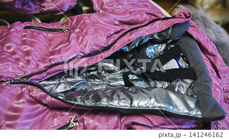 Pink winter jacket with thermal metallic lining for cold weather protection Pink winter jacket with thermal metallic lining for cold weather protection 141246162