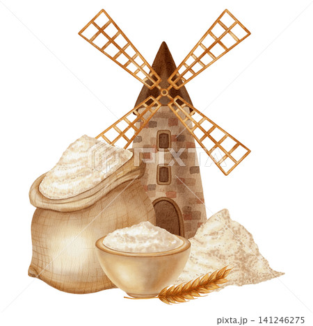 Watercolor illustration depicting a village mill, sacks, and bowls of white wheat flour. Ideal for branding, packaging, and harvesting, as well as advertising bakery, farm, and organic products Watercolor illustration depicting a village mill, sacks, and bowls of white wheat flour. Ideal for branding, packaging, and harvesting, as well as advertising bakery, farm, and organic products 141246275