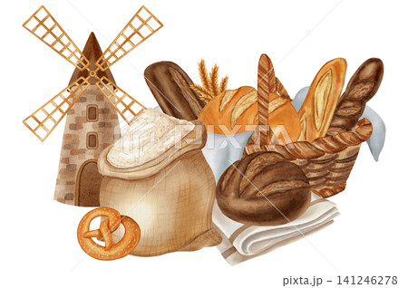 Watercolor Illustration: basket with assorted bread, a rustic mill, and a sack of flour. Perfect for comprehensive bakery and grain processing branding, menu, food packaging, cookbooks, recipes Watercolor Illustration: basket with assorted bread, a rustic mill, and a sack of flour. Perfect for comprehensive bakery and grain processing branding, menu, food packaging, cookbooks, recipes 141246278