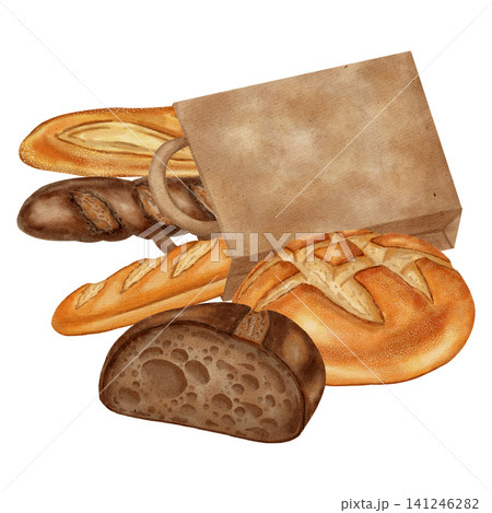 Watercolor illustration featuring bread in a paper bag surrounded by various loaves, rolls, and pastries. Perfect for bakery branding, menu, food packaging, cookbooks, recipes Watercolor illustration featuring bread in a paper bag surrounded by various loaves, rolls, and pastries. Perfect for bakery branding, menu, food packaging, cookbooks, recipes 141246282