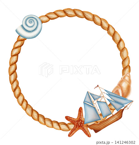 Watercolor frame made of marine rope with a lighthouse, steering wheel, anchor, spyglass, ship. Children's, nautical, travel themes. Suitable for design, prints, postcards, sea travel  141246302