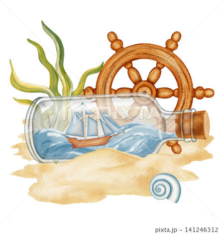 Watercolor illustration of marine compositions with ship in a bottle, treasure map, anchor, steering wheel. Bright illustrations, suitable for cheerful summer designs, textiles. Print for children's Watercolor illustration of marine compositions with ship in a bottle, treasure map, anchor, steering wheel. Bright illustrations, suitable for cheerful summer designs, textiles. Print for children's 141246312