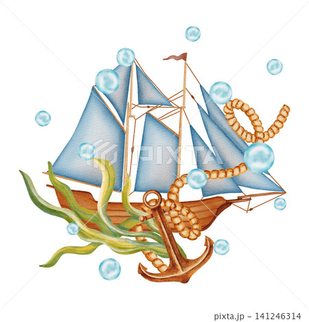 Watercolor illustration of a nautical scene with a sailing ship, anchor, steering wheel, compass, and map. Suitable for children, marine, and travel. Suitable for design, prints, postcards, sea travel 141246314