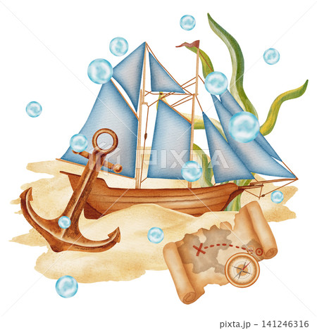 Watercolor illustration of a nautical scene with a sailing ship, anchor, steering wheel, compass, and map. Suitable for children, marine, and travel. Suitable for design, prints, postcards, sea travel Watercolor illustration of a nautical scene with a sailing ship, anchor, steering wheel, compass, and map. Suitable for children, marine, and travel. Suitable for design, prints, postcards, sea travel 141246316