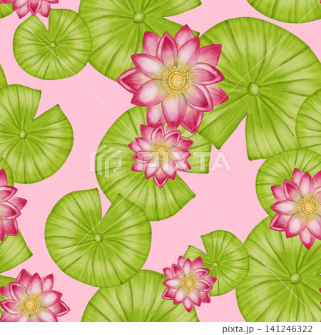 A seamless watercolor pattern featuring delicate pink lotuses, green water lilies, and flower buds. Ideal for textiles, wallpaper, romantic decor, cosmetics, and medical products. A seamless watercolor pattern featuring delicate pink lotuses, green water lilies, and flower buds. Ideal for textiles, wallpaper, romantic decor, cosmetics, and medical products. 141246322