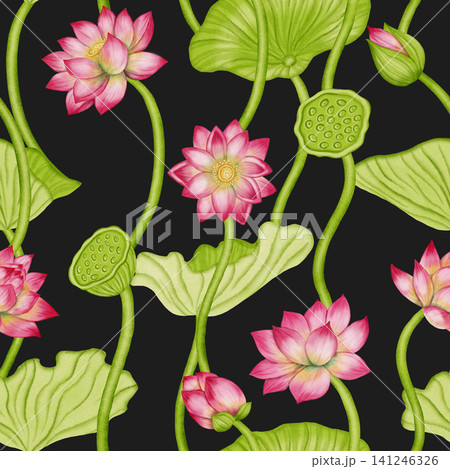 Lotus flower seamless pattern. An illustration of a pink water lily hand painted. Ideal for textiles, wallpaper, romantic decor, cosmetics, and medical products. Lotus flower seamless pattern. An illustration of a pink water lily hand painted. Ideal for textiles, wallpaper, romantic decor, cosmetics, and medical products. 141246326