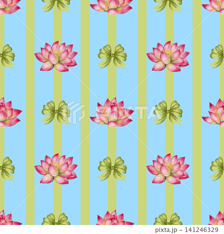 Seamless watercolor pattern with a lotus flower. Illustration of a pink water lily, ribbons, and bows. Perfect for textiles, wallpaper, romantic decor, cosmetics, and medical products. Seamless watercolor pattern with a lotus flower. Illustration of a pink water lily, ribbons, and bows. Perfect for textiles, wallpaper, romantic decor, cosmetics, and medical products. 141246329