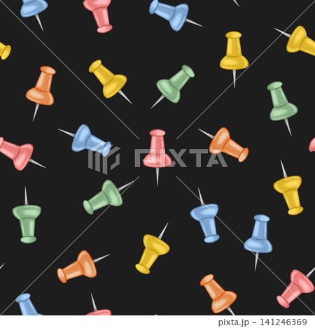 Watercolor seamless pattern with colorful push pins. Hand drawn school and office stationery. Traditional symbol of the first of September, knowledge day, back to school season Watercolor seamless pattern with colorful push pins. Hand drawn school and office stationery. Traditional symbol of the first of September, knowledge day, back to school season 141246369