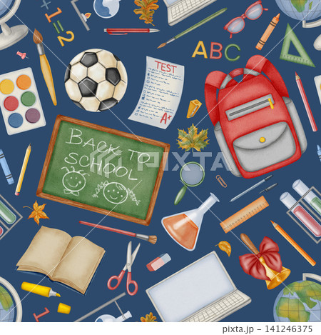 Watercolor seamless pattern with school backpack, chalkboard, laptop, globe and stationery. Hand drawn back to school background with diverse learning elements, lab equipment and soccer ball. Watercolor seamless pattern with school backpack, chalkboard, laptop, globe and stationery. Hand drawn back to school background with diverse learning elements, lab equipment and soccer ball. 141246375